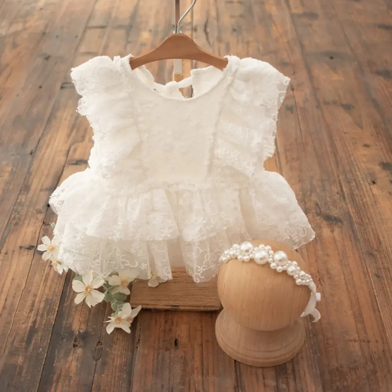 Baby Girl White Lace Pearl Dress Headband Set - Newborn Photography Outfit
